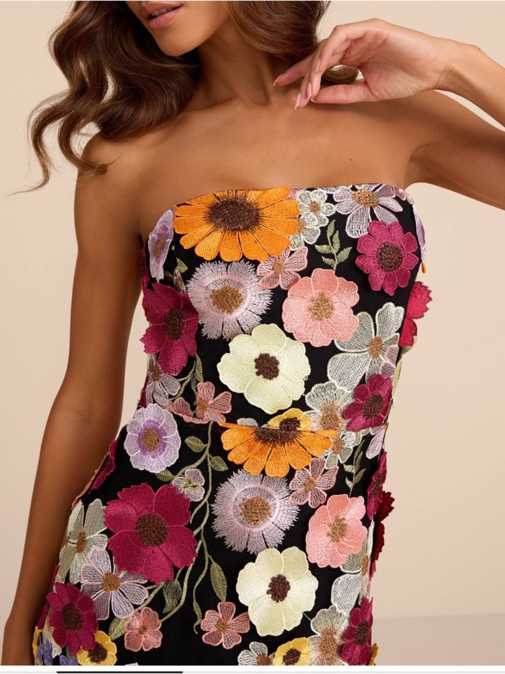 Lulu's Black Strapless Floral Appliqué Dress